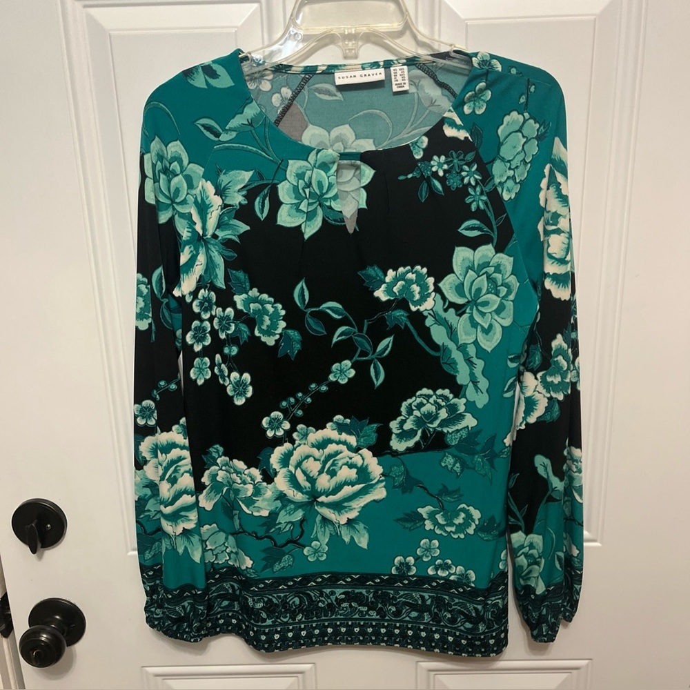 Susan Graver Green and Black Floral Blouse XXS